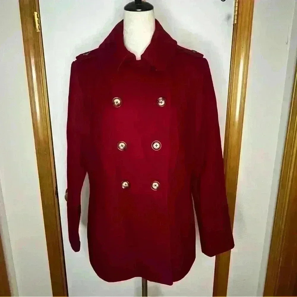 Michael Kors Wool Blend Peacoat Jacket Button‎ Down Women Large Red Lined Warm